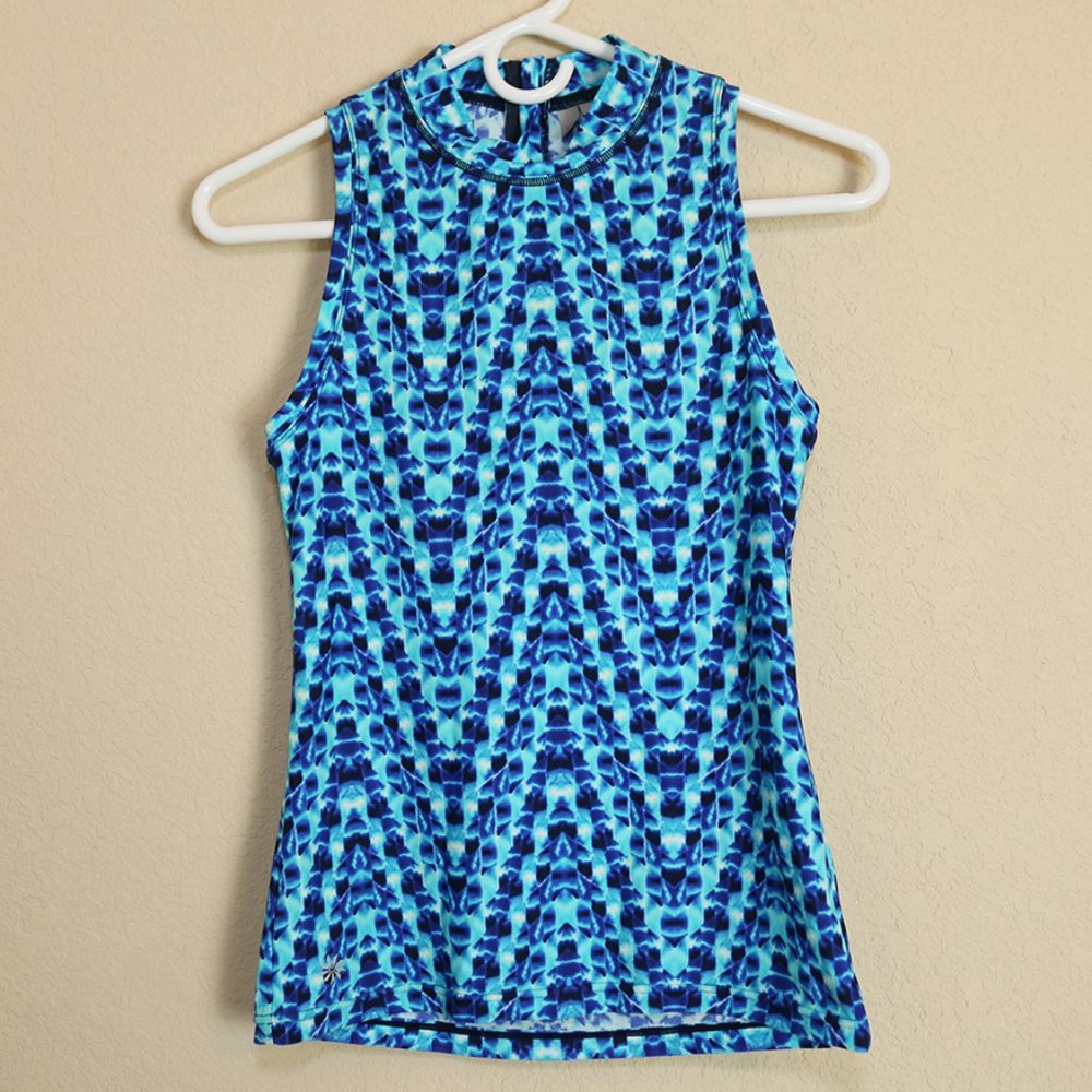 ATHLETA Swim Surf Rashguard Top Blue Back Zip Mock Neck UPF Tank Top Size XXS